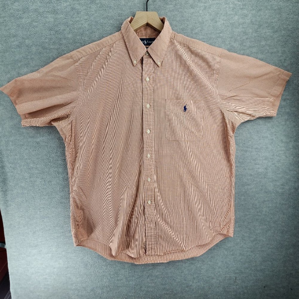 Vintage Ralph Lauren Shirt Mens Large Salmon Pink Tattersall Check Short Sleeve
